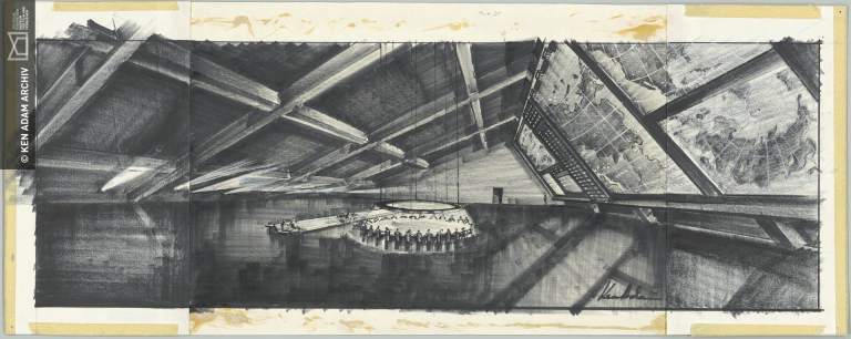 Entwurf „War Room“ für DR. STRANGELOVE OR: HOW I LEARNED TO STOP WORRYING AND LOVE THE BOMB GB/USA 1964, Regie: Stanley Kubrick © Deutsche Kinemathek – Ken Adam Archiv